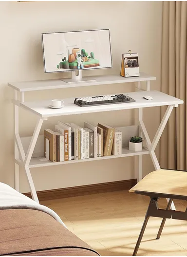 Compact Space-Saving Computer Desk, Dual-Purpose Home Office Desk with Adjustable Monitor Stand &amp; Storage Shelf (W100 x D60 x H85)cm - White