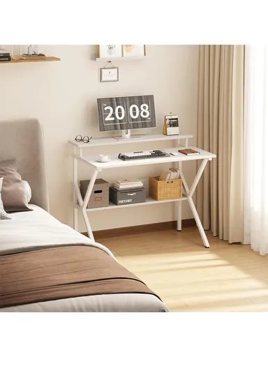 Compact Space-Saving Computer Desk, Dual-Purpose Home Office Desk with Adjustable Monitor Stand &amp; Storage Shelf (W100 x D60 x H85)cm - White