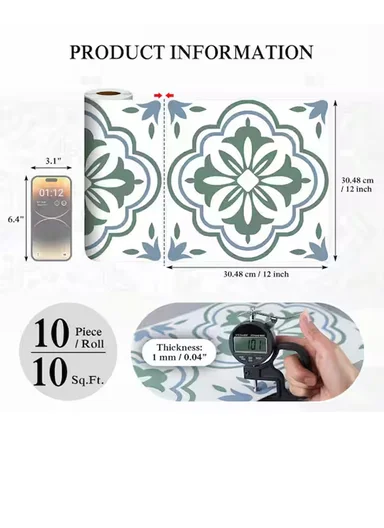 3m Peel &amp; Stick Floor Tiles Roll for Kitchen, Laundry, living room (L30 x W30)cm - Geometric Pattern