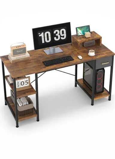 55-Inch Rustic Home Office Writing Desk, Versatile Computer Gaming Desk with Fabric Drawer, Monitor Shelf &amp; 2-Layer Storage Shelves (W140 x D60 x H75)cm - Tiger Wood Finish