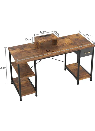 55-Inch Rustic Home Office Writing Desk, Versatile Computer Gaming Desk with Fabric Drawer, Monitor Shelf &amp; 2-Layer Storage Shelves (W140 x D60 x H75)cm - Tiger Wood Finish