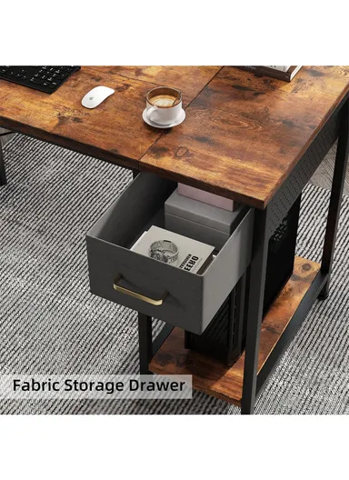 55-Inch Rustic Home Office Writing Desk, Versatile Computer Gaming Desk with Fabric Drawer, Monitor Shelf &amp; 2-Layer Storage Shelves (W140 x D60 x H75)cm - Tiger Wood Finish