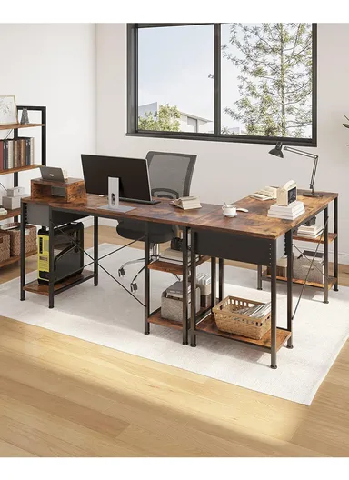 55-Inch Rustic Home Office Writing Desk, Versatile Computer Gaming Desk with Fabric Drawer, Monitor Shelf &amp; 2-Layer Storage Shelves (W140 x D60 x H75)cm - Tiger Wood Finish