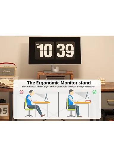 55-Inch Rustic Home Office Writing Desk, Versatile Computer Gaming Desk with Fabric Drawer, Monitor Shelf &amp; 2-Layer Storage Shelves (W140 x D60 x H75)cm - Tiger Wood Finish