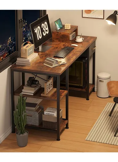 55-Inch Rustic Home Office Writing Desk, Versatile Computer Gaming Desk with Fabric Drawer, Monitor Shelf &amp; 2-Layer Storage Shelves (W140 x D60 x H75)cm - Tiger Wood Finish