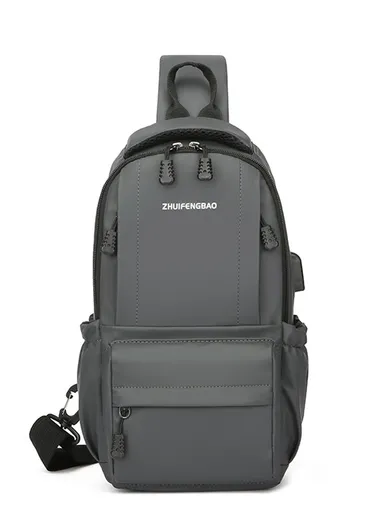 Waterproof Crossbody Sling Bag, Casual Shoulder Daypack with USB Charging Port &amp; Multiple Compartments L-01 (W18 x D10 x H33)cm - Grey