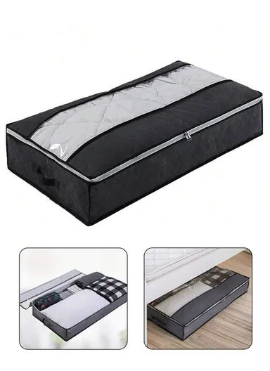 Foldable Under Bed Storage Bags With Handles, Zipper &amp; Transparent Window – Black