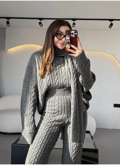 3-Pieces Women’s One-Size Loungewear Set with Pullover Sweater, High-Waist Wide-Leg Pants &amp; Matching Scarf 5030 – Grey