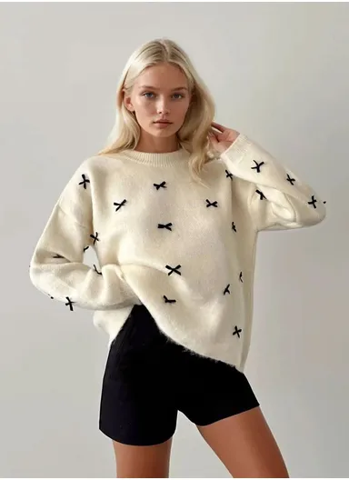 Women's One Size Cozy Crew Neck Sweater with Bows 4663 - Beige