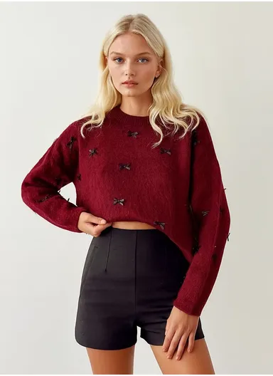 Women's One Size Cozy Crew Neck Sweater with Bows 4663 - Wine Red