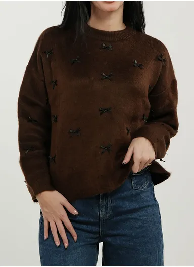 Women's One Size Cozy Crew Neck Sweater with Bows 4663 - Brown