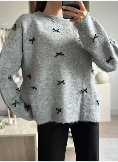 Women's One Size Cozy Crew Neck Sweater with Bows 4663 - Light Grey