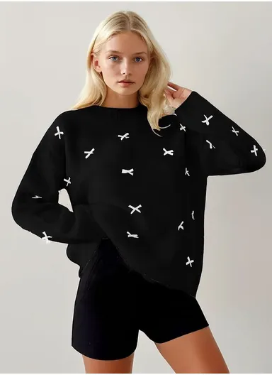 Women's One Size Cozy Crew Neck Sweater with Bows 4663 - Black
