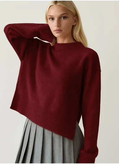 Women's One Size Knit Sweater With Crew Neck &amp; Long Sleeve 4773 - Wine Red