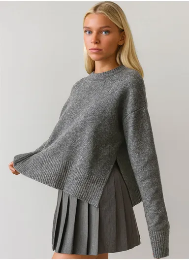 Women's One Size Knit Sweater With Crew Neck &amp; Long Sleeve 4773 - Grey