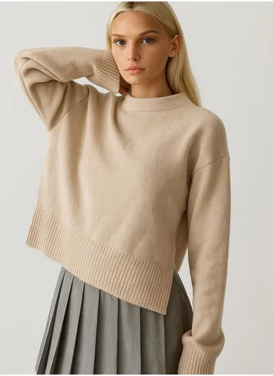 Women's One Size Knit Sweater With Crew Neck &amp; Long Sleeve 4773 - Beige
