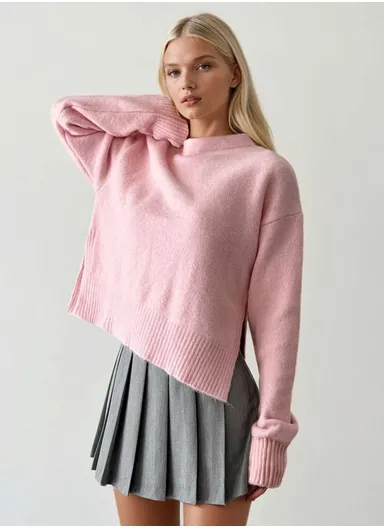 Women's One Size Knit Sweater With Crew Neck &amp; Long Sleeve 4773 - Pink