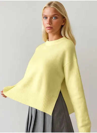 Women's One Size Knit Sweater Crew Neck, Long Sleeve, Relaxed Fit 4773 - Yellow