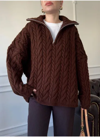 Women’s Classic Textured Knit Sweater with Half-Zip Collar 4874 – Brown