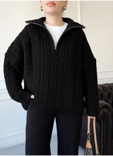 Women’s Classic Textured Knit Sweater with Half-Zip Collar 4874 – Black