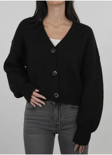 Women’s One-Size Soft Knit V-Neck Button Cardigan 4977 – Black