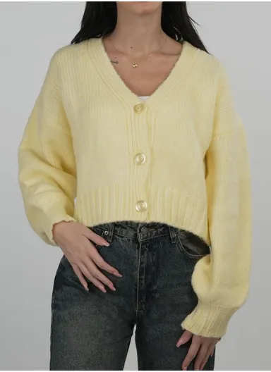 Women’s One-Size Soft Knit V-Neck Button Cardigan 4977 –Yellow