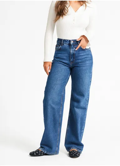 Women's High Waist Straight Leg Jeans Mid Blue Wash, Loose Fit, Casual Cotton Denim 2478 2W5