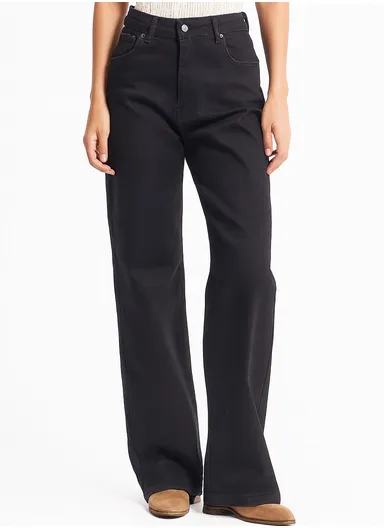 Women’s High-Rise Wide Leg Jeans, Solid Black, Full-Length Casual Denim Pants 3421 1W5