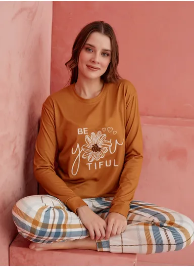 Women’s Loungewear Pajama Set, Long Sleeve Top with Plaid Pants 1190-15