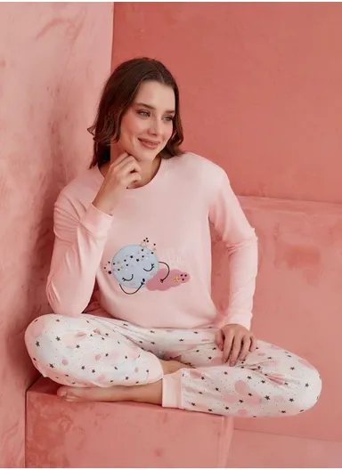 Salmon Dream Big Cloud Patterned Luxury Thermal Women's Pajama Set 1190-17 - Pink