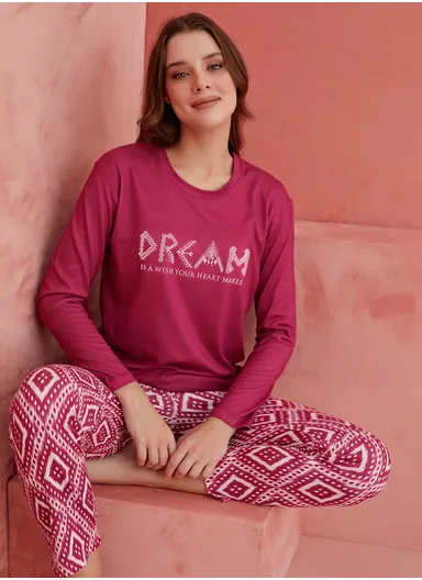 Plum Dream Patterned Luxury Thermal Women's Pajama Set 1190-7