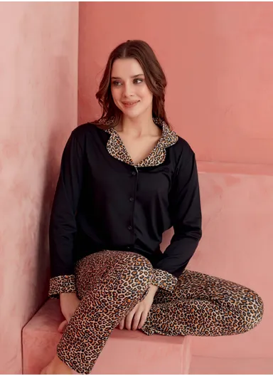 Leopard Cotton Buttoned Piping Pajama Set 1196-3