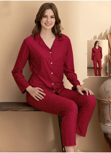 2-Piece Small Dot Pattern Cotton-Polyester Knitted Homewear Set, Regular Fit, Long Sleeve Top &amp; Pants 7102-16