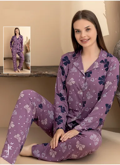 Women's Long Sleeve Homewear Set Cotton-Polyester Knit Pajama with Shirt Collar &amp; Full-Length Pants 7110-20