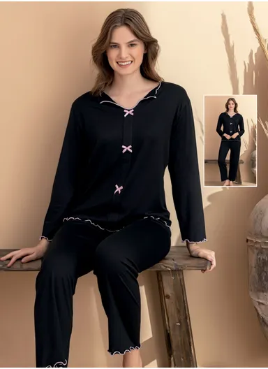 Women’s Cotton Polyester Knit Pajama Set V-Neck Long Sleeve Top &amp; Long Pants, Regular Fit Loungewear for All Seasons 7117-1