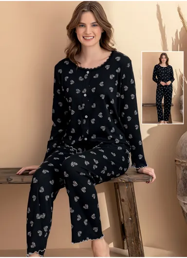 Heart Pattern Cares Knitted Lycra Long Sleeve Women's Pajama Set 7120-5