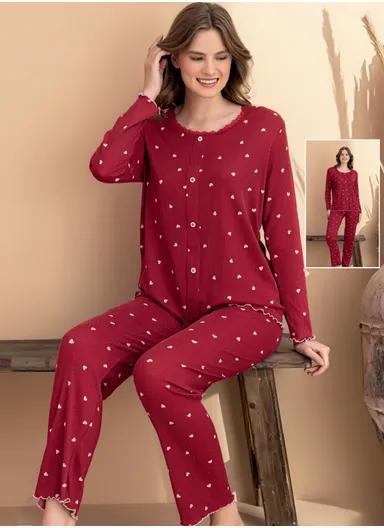 Heart Pattern Cares Knitted Lycra Long Sleeve Women's Pajama Set 7120-7