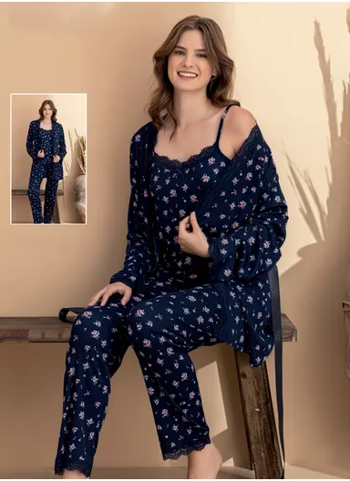 Elegant Women's 3-Piece Loungewear Set with Lace Trim 7122-1