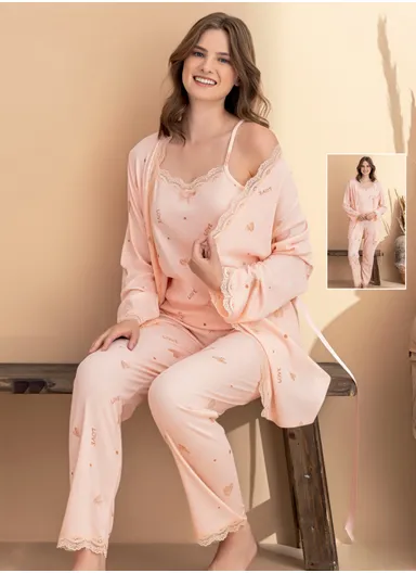 Elegant Women's 3-Piece Loungewear Set with Lace Trim 7122-3
