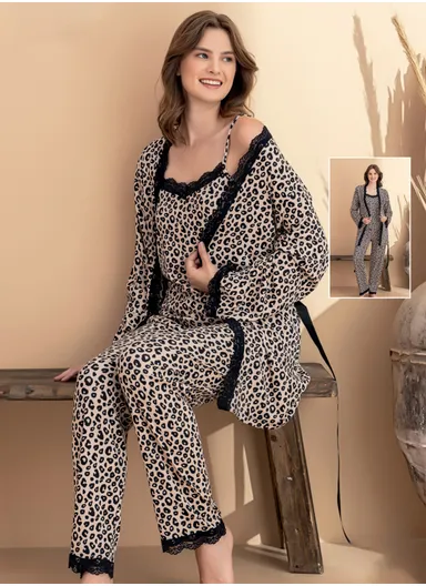 Elegant Women's 3-Piece Loungewear Set with Lace Trim 7122-4