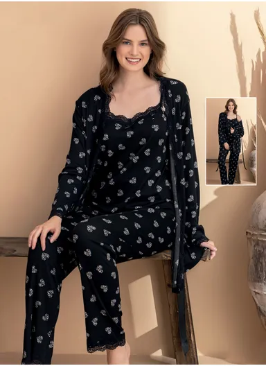 Elegant Women's 3-Piece Loungewear Set with Lace Trim 7122-5