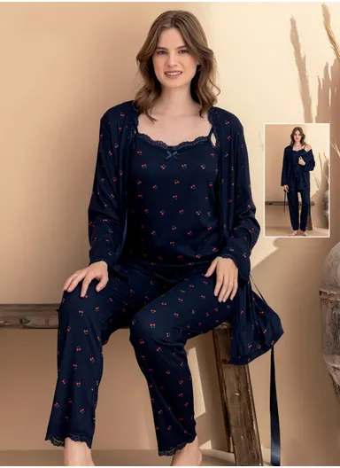 Elegant Women's 3-Piece Loungewear Set with Lace Trim 7122-6