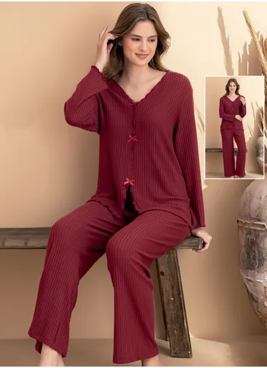 Soft Ribbed 2-Piece Lounge Pajama Set 7131-3 - Burgundy