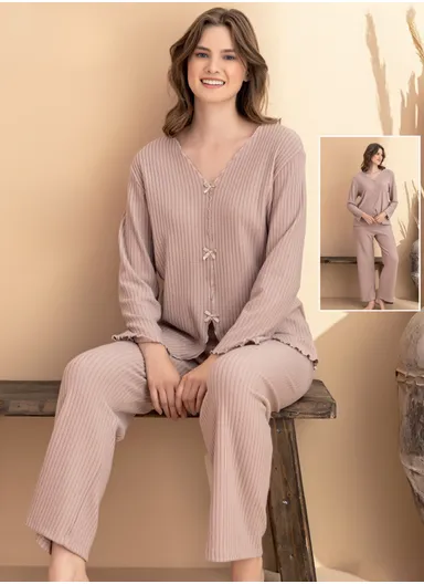 Soft Ribbed 2-Piece Lounge Pajama Set 7131-6 - Nude Pink