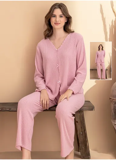 Soft Ribbed 2-Piece Lounge Pajama Set 7131-8 - Pink