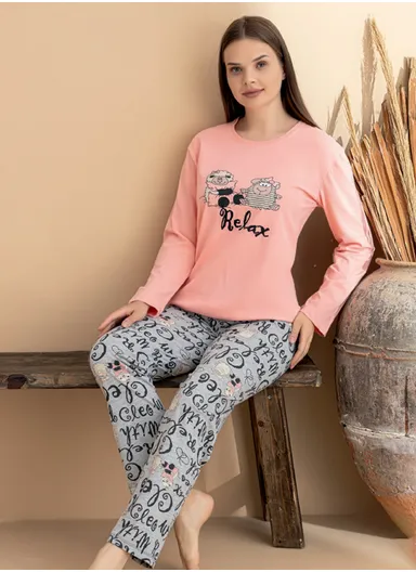 Cozy Women’s Long Sleeve Cotton Pajama Set with Lounge Pants 8091-15