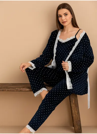 Elegant Lace Trim Cotton Polka Dot Pajama Set with Robe 7166-20 - Black