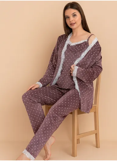 Elegant Lace Trim Cotton Polka Dot Pajama Set with Robe 7166-18 - Grey