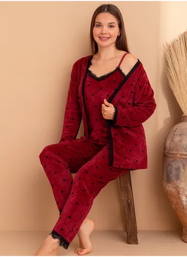 Elegant Lace Trim Cotton Polka Dot Pajama Set with Robe 7166-9 - Red
