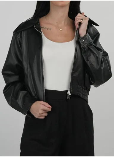 Elastic Waist Leather Jacket - Black